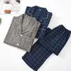 Мужская одежда для сна, корейская версия, клетчатый пижамный комплект, полностью хлопковая домашняя одежда, минималистичный лацкан с длинными рукавами, уличный