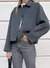 Jaquetas femininas vintage sólida cortada jaqueta de lã para mulher 2023 manga longa lapela casacos curtos feminino outono alta rua senhora chique outerwear 230921