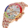 Pintime Colorful Crystal Diamond Quartz Date Mens Watch Decorative Three Subdials Shining Watches Factory Direct Luxury Rose Gold340Q
