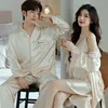 Men's Sleepwear Summer Men Long Sleeve Shirt Pants Women Satin 2PCS Robe Gown Lace Sexy Kimono Bathrobe Night Dress Casual Nightgown