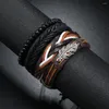 Brazalete de estilo literario vintage, pulsera tejida a mano, adorno combinado de cuatro piezas multicapa para hombre