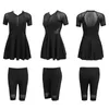 Damenbadebekleidung Große Größe Schwarz Farbe Frauen Kurzarm Zweiteiliger Badeanzug mit Rock Konservative Strandkleidung Solider Badeanzug