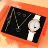 손목 워치 5pcs 선물 상자 보석 세트 패션 패션 캐주얼 라운드 여성 심장 모양 목걸이 팔찌 귀걸이와 함께 시계.