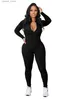 Kvinnors jumpsuits Rompers Women's Yoga Jumpsuits Workout Ribbed Long Sleeve Front Zip Sport One Piece 2023 Sexy V Neck Bodysuit Rompers Casual Sportwear L230921