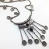 Ожерелья с подвесками, винтажное этническое серебряное ожерелье с кисточками для монет, массивное ожерелье для женщин в стиле бохо, длинное ожерелье с резным каменным воротником, ювелирные изделия Jhumka
