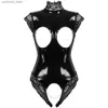 Seksi set erotik açık fincan bodysuit cupless kasıksız oyuncak femme siyah ıslaklık pvc lateks catsuit gotik kadın porno kostüm y iç çamaşırı q230921