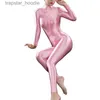 Women's Jumpsuits Rompers Sexy Women Full Body Bodysuit High Elasitc Clubwear Sheer Smooth Pants Oil Gloosy Sexy Tight Shaping Candy Color F37 L230921