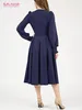 Temel gündelik elbiseler S.Flavor Kadınlar Uzun Kollu Klasik Midi Elbise Zarif O boyunlu Donanma Renk Çıkarılmış Çalışma Elbiseleri 230920