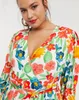 Plus size Jurken Maat Bloemenprint Boheemse Jurk Lange mouwen Sjerpen Ruche Hoge elastische taille Aline Midi Elegant Lente Casual 230920