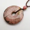 Pendant Necklaces Natural Rhodonite Stone Carved Safety Button Necklace Adjustable Nylon Rope Braid Jewelry F107