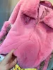 Women's Fur Europe Fashion 2023 Winter Outwear Women Contrast Color Loose Warm Overcoat Turn-down Collar Zip Faux Jacket Coat Pink