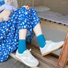 Chaussettes japonaises à fines rayures verticales pour femmes, bas en coton bleu Style collège Ins Tide, printemps et été