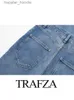 Combinaisons pour femmes Barboteuses TRAFZA 2023 femmes Social Denim salopette combinaison été combinaisons élégant revers col bleu à manches courtes poche longues combinaisons L230921