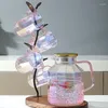 Bottiglie d'acqua Bollitore freddo in vetro borosilicato alto con motivo a martello da 1,9 litri Bollitore freddo per la casa di grande capacità Pentola per bevande con gradiente Rosa Blu Bottiglia fresca