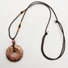 Pendant Necklaces Natural Rhodonite Stone Carved Safety Button Necklace Adjustable Nylon Rope Braid Jewelry F107