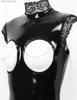 Seksi set erotik açık fincan bodysuit cupless kasıksız oyuncak femme siyah ıslaklık pvc lateks catsuit gotik kadın porno kostüm y iç çamaşırı q230921