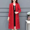 Kvinnors blusar pendling GASE JACQUARD Vävning Öppen Stitch Spring Summer Casual Long Sleeve Clothing Stylish Sipped Straight Midi Blus