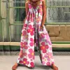 Women's Jumpsuits Rompers Women Summer New Sleeveless Mid Waist Large Fashion Temperament Vintage Oil Painting Print Loose Pocket Strap Wide Leg Jumpsuit L230921