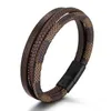 Cool Three Layered Genuine Leather Bangle Bracelet with Stainless Steel Magnetic Buckle