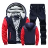 Herrspårar Vinter Men Tracksuit Hooded Sportswear Zipper Jacket Fleece Trousers Men's Warm Solid Color Casual Men's Sports Suit 230920