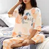 Pijamas femininos de verão conjunto para mulheres dos desenhos animados impresso loungewear calças de manga curta senhora pijamas meninas algodão homewear