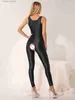 Women's Jumpsuits Rompers Women Glossy Solid Color Sexy Open Crotch Tights Jumpsuit Sleeveless Slim Fit Bodysuit Leggings Nightwear Catsuit Playwear L230921