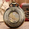 Pocket Watches Roman Numerals Transparent Hollow Flowers Bronze Mechanical Hand Winding Watch Antique Birthday Gifts Fob Chain Timepiece