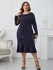 Plus-Size-Kleider, elegant, O-Ausschnitt, fester Gürtel, figurbetont, großes Kleid für Damen, Frühling, lange Ärmel, Knöpfe, Büro, Damen, Meerjungfrau-Saum 230920