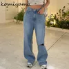 Männer Jeans Komiyama Kontrast Farbe Gespleißt Loch Hohe Taille Breite Bein Pantalones Mujer Gerade Denim Hosen Herbst Frauen Kleidung 230921