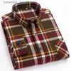 Men's Dress Shirts Men's Fashion 100% Cotton Thick Brushed Flannel Shirts Single Patch Pocket Long Sleeve Standard-fit Plaid Checkered Casual Shirt L230921