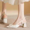 Slippers 2023 Summer Fashion Simple French Pointed Toe V Button Shallow Dress Party Shoes Back Strap Buckle Thick Heel Sandal 230921