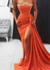 Vestidos de noite novo vestido de festa de baile formal cetim coxa-alta fendas personalizado plus size zíper rendas até sereia frisado sem alças sem mangas