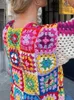 Puntos de mujer Tees Boho Color Plaid Flor Mano Crochet Cardigan Étnico Mujer V Cuello Abierto Costura Larga Suéter Prendas de punto Jumper Holiday 230920