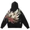 Sweat à capuche pour homme, Streetwear, polaire, sweat-shirt brodé de fleurs, Kanji chinois, pull d'hiver, Harajuku, en coton