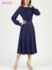 Grundläggande casual klänningar S.Flavor Women Långärmad klassisk MIDI-klänning Elegant O-Neck Navy Color Peated Working Dresses 230920