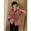 Dames Gebreide T-stukken Koreaanse Mode Gestreept Gebreid Vest Met Capuchon Dames Rood Los Casual Herfst Winter Trui Ritsjas Oversized Lange Mouw Top 230921