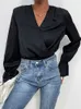 Womens Jumpsuits Rompers Simple Black Vneck Jumpsuit Women Spring Summer Loose Breathable Flared Long Sleeve Onesies Casual Office Bodysuit 230921