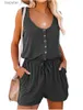 Combinaisons pour femmes Barboteuses combinaison femme col rond gilet à lacets noir 2021 été dames combinaison chaude sangle Sexy dos nu couleur unie poche combinaison courte L230921