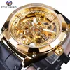 Forsining relógio esqueleto dourado masculino, relógios de pulso mecânicos masculinos, marca de luxo, preto, cinto de couro genuíno, luminoso, hand3169