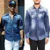 Herren-Jeanshemd mit Bleach-Fade-Effekt, coole, schmale Passform, lange Ärmel, verwaschenes, einfarbiges Cowboy-Hemd im Vintage-Stil, Man301N