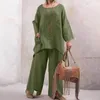 Pantalon de deux pièces pour femmes, grande taille, coton et lin, ourlet irrégulier, t-shirt ample et long, ensemble de couleur unie d'automne, tenues décontractées pour femmes surdimensionnées