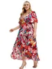 Plus size jurken maat tropische print korte mouw V-hals ruches maxi voor dames 230920