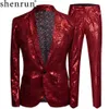 Shenrun Men Slim Fit Suit Red Rose Skinny Wedding Groom 정장 무대 의상 가수 재킷 싱글 가슴 캐주얼 Blazer340d