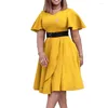 Vestidos casuais elegante cor sólida plus size vestido de festa europeu e americano verão estilo ol mangas largas cintura alta com cinto grande bainha