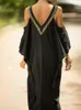 Basic Casual Dresses Sexy Cold Shoulder V Neck Bats Sleeve Loose Summer Beach Dress Plus Size Women Beachwear Kaftan Black Dresses Q943 230920