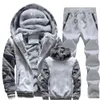 Herrspårar Vinter Men Tracksuit Hooded Sportswear Zipper Jacket Fleece Trousers Men's Warm Solid Color Casual Men's Sports Suit 230920