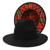 Black and Red Plaid Bottom Patchwork Wool Felt Jazz Fedora Hats for Women Men Wide Brim Two Tone Party Wedding Formal Hat Cap2237