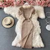 2021 NY DESIGN Women's Square Collar Short Sleeve Solid Color Sticked Bodycon Tunic Vent Jag Sexig Midi Dress282y