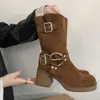 Dress Shoes Nubuck Western Cowboy Boots For Women Genuine Leather Thick Heel Short Retro Square Toe Brown High Mid-calf