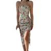 Casual Dresses Women Print Camisole Dress 2023 Summer Beach Style Elegant V-ringad ärmlös knappdekoration Sexig lång
